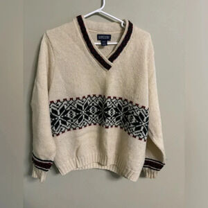 Lands' End Wool Cream V-Neck Sweater with Green Pattern